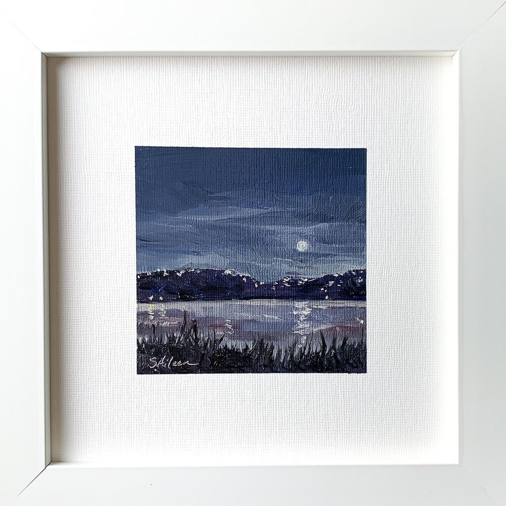 Framed 7x7 Original Oil Painting Seascape Coastal Landscape Night Moon Signed
